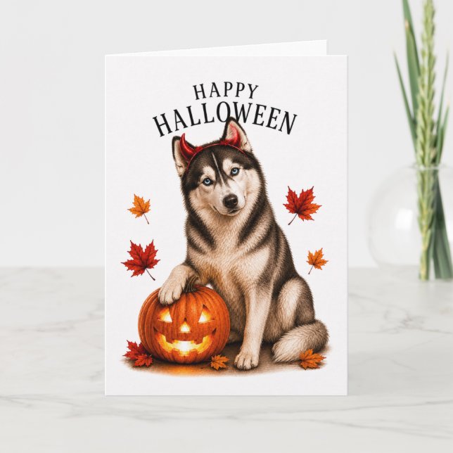 Sibirischer Husky Halloween Teufelshund Karte (Vorderseite)