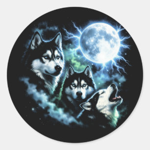 Sibirischer Husky heult den Mond an – Nachthimmel  Runder Aufkleber