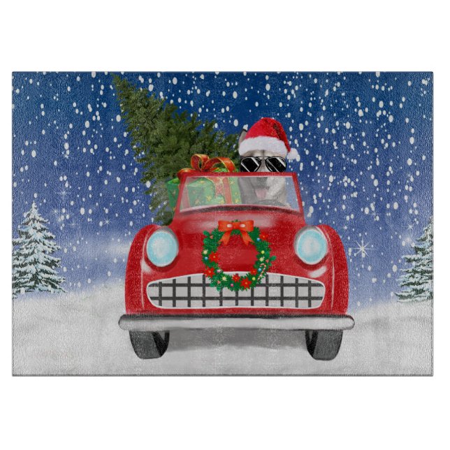 Sibirischer Husky-Hund Autofahrer im Schnee Weihna Schneidebrett (Vorderseite)