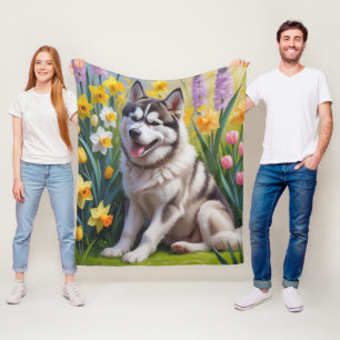 Sibirischer Husky-Hund Frühlingsblumen Malerei Fleecedecke