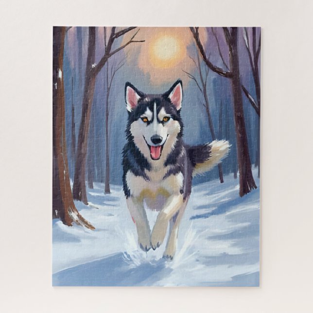Sibirischer Husky-Hund Gemälde Winterkunst Puzzle (Vertikal)