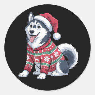 Sibirischer Husky Hund hässlicher Pullover Weihnac Runder Aufkleber
