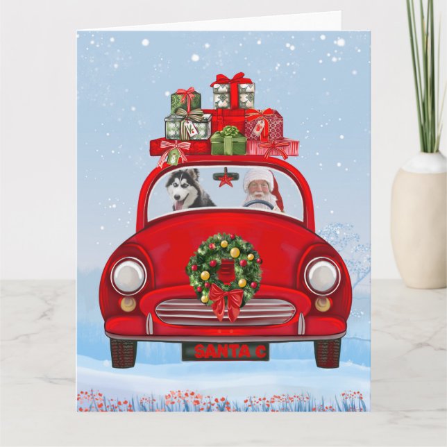 Sibirischer Husky-Hund in Auto mit dem Weihnachtsm Karte (Vorderseite)