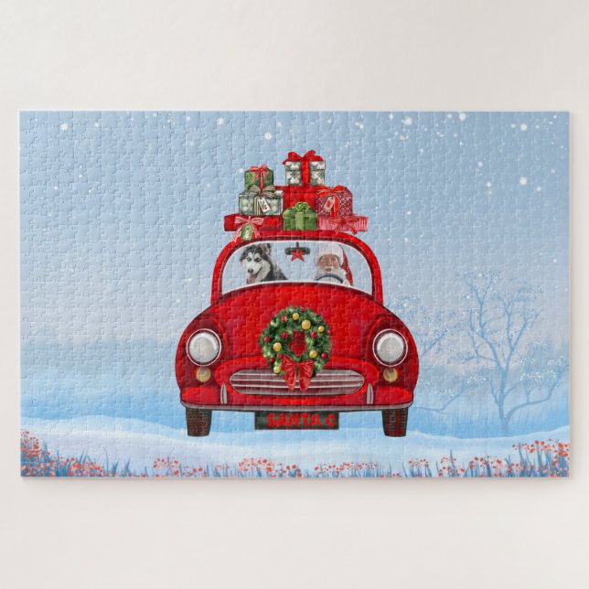 Sibirischer Husky-Hund in Auto mit dem Weihnachtsm Puzzle (Horizontal)