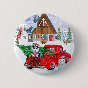 Sibirischer Husky-Hund in Weihnachtslieferwagen Button