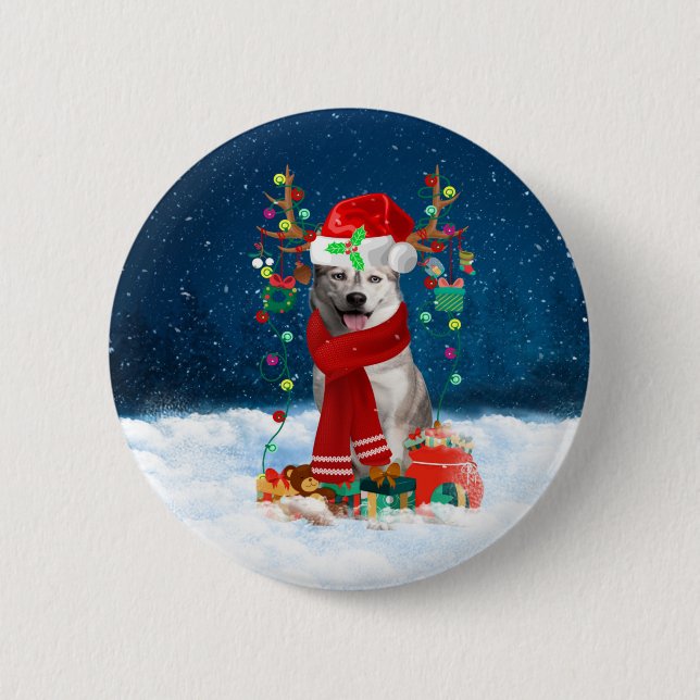 Sibirischer Husky-Hund mit Weihnachtsgeschenken Button (Vorderseite)