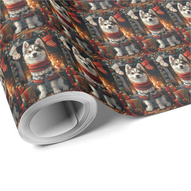 Sibirischer Husky-Hund mit Weihnachtsgeschenken Ka Geschenkpapier (Rolleneckpunkt)