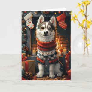 Sibirischer Husky-Hund mit Weihnachtsgeschenken Ka Karte