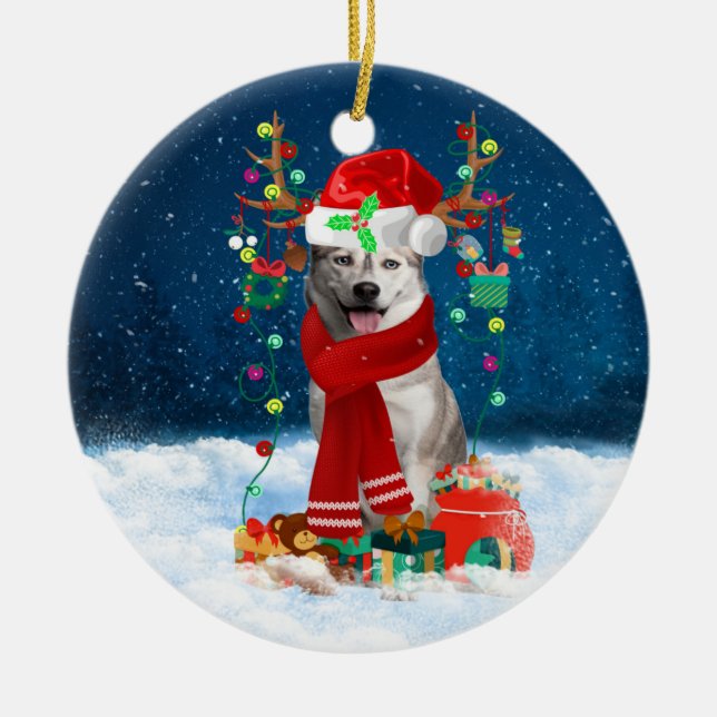 Sibirischer Husky-Hund mit Weihnachtsgeschenken Keramik Ornament (Vorne)