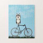Sibirischer Husky-Hund sitzend auf Vintagem Fahrra Puzzle<br><div class="desc">Das Puzzle mit einem bezaubernden Husky sitzt an einem blauen Sommertag auf einem altmodischen Fahrrad.</div>