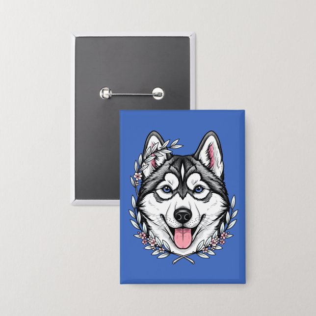 Sibirischer Husky-Hund und Berglorbeerblüte Button (Vorderseite/Rückseite)
