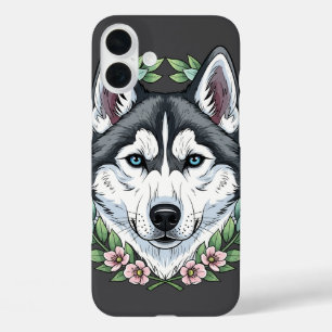 Sibirischer Husky-Hund und Berglorbeerblüten iPhone 16 Plus Hülle