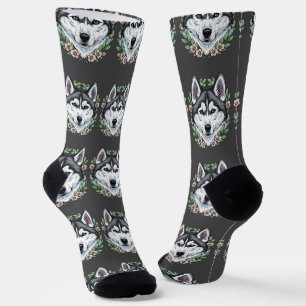 Sibirischer Husky-Hund und Berglorbeerblüten  Socken
