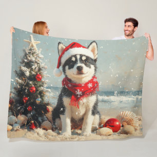 Sibirischer Husky Hund Weihnachten Vintage Strand Fleecedecke