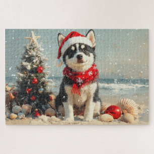 Sibirischer Husky Hund Weihnachten Vintage Strand Puzzle