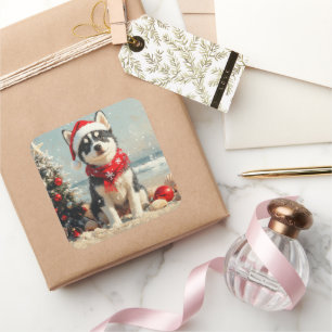Sibirischer Husky-Hund Weihnachten Vintage Strand Quadratischer Aufkleber