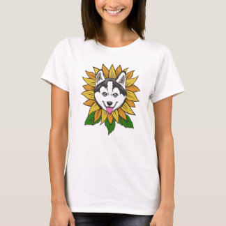Sibirischer Husky-Hundeface auf einer Sonnenblume T-Shirt