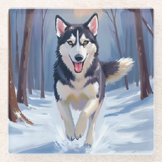 Sibirischer Husky | Hundegemälde Winter Glasuntersetzer (Vorderseite)