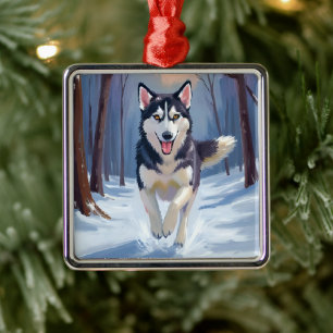 Sibirischer Husky   Hundegemälde Winter Ornament Aus Metall