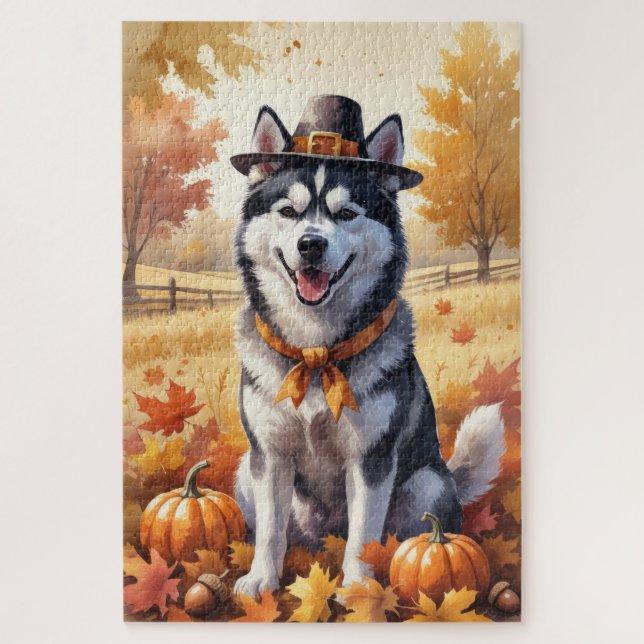 Sibirischer Husky im Herbst hinterlässt Erntedank  Puzzle (Vertikal)