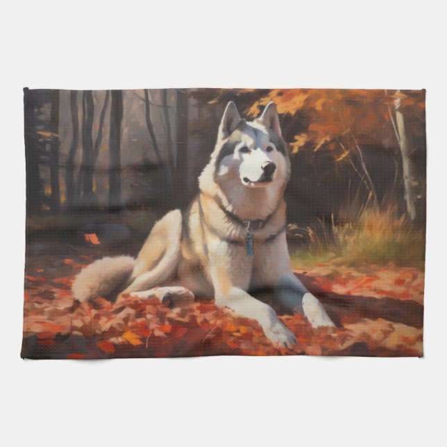 Sibirischer Husky im Herbstausfall Inspiriert Geschirrtuch (Horizontal)