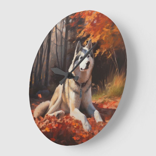 Sibirischer Husky im Herbstausfall Inspiriert Große Wanduhr (Winkel)