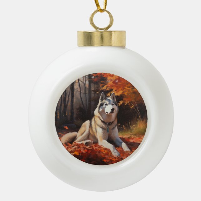 Sibirischer Husky im Herbstausfall Inspiriert Keramik Kugel-Ornament (Vorderseite)