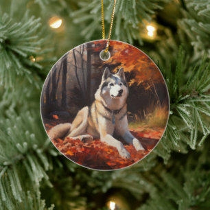 Sibirischer Husky im Herbstausfall Inspiriert Keramik Ornament