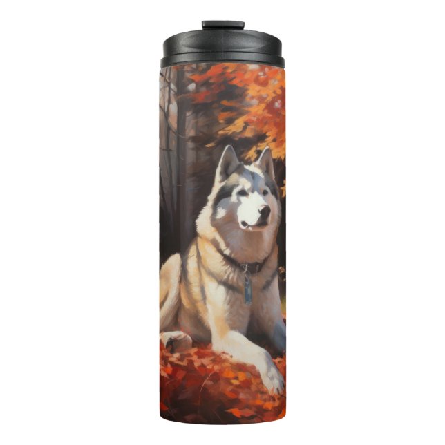 Sibirischer Husky im Herbstausfall Inspiriert Thermosbecher (Vorderseite)