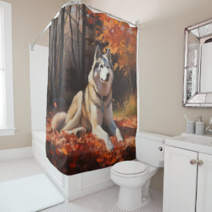 Sibirischer Husky im Herbstlaub Fall Inspiriert Duschvorhang