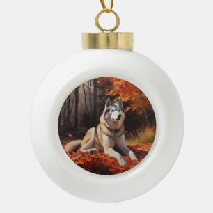 Sibirischer Husky im Herbstlaub Fall Inspiriert Keramik Kugel-Ornament