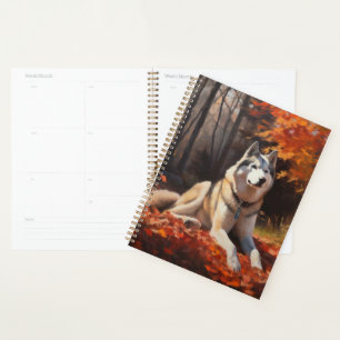 Sibirischer Husky im Herbstlaub Fall Inspiriert Planer