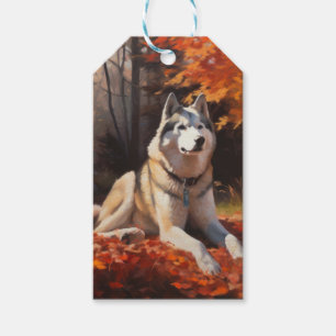 Sibirischer Husky im Herbstlaubfall inspiriert Geschenkanhänger