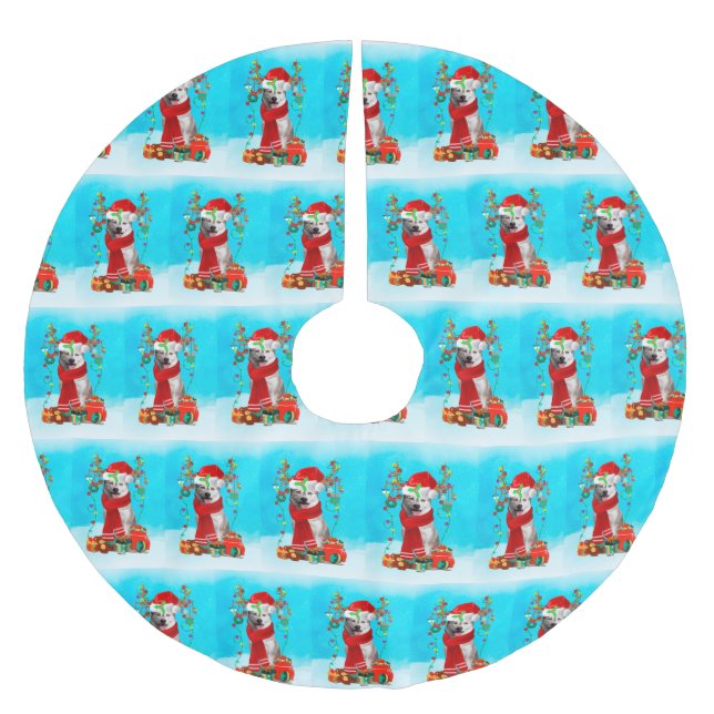 sibirischer Husky im Schnee mit Weihnachtsgeschenk Polyester Weihnachtsbaumdecke (Vorderseite)