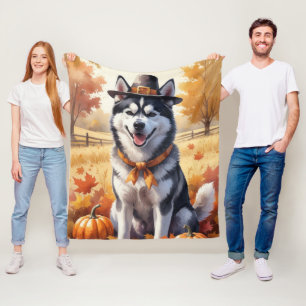Sibirischer Husky in Herbstlaub Thanksgiving-Kunst Fleecedecke
