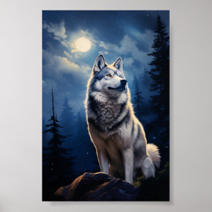 Sibirischer Husky in mondbeleuchteter Nacht Poster