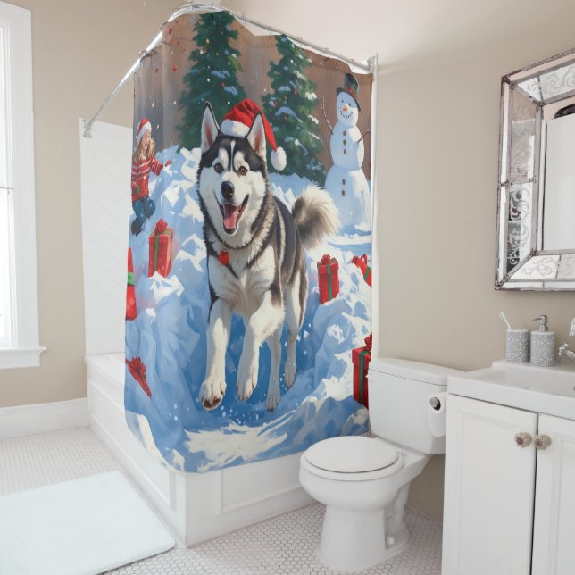 Sibirischer Husky läuft im Schnee mit Weihnachtsmü Duschvorhang (Beispiel)