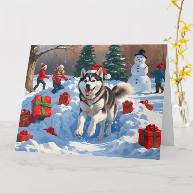 Sibirischer Husky läuft im Schnee mit Weihnachtsmü Karte (Gelbe Blume)