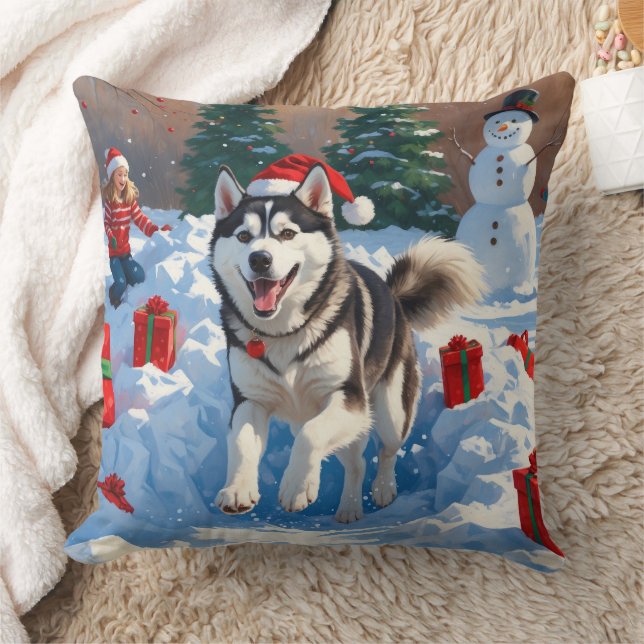 Sibirischer Husky läuft im Schnee mit Weihnachtsmü Kissen (Decke)