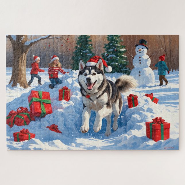 Sibirischer Husky läuft im Schnee mit Weihnachtsmü Puzzle (Horizontal)