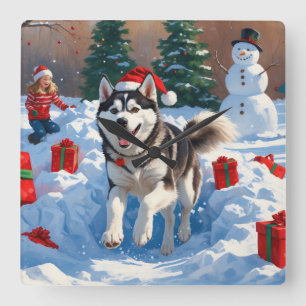 Sibirischer Husky läuft im Schnee mit Weihnachtsmü Quadratische Wanduhr
