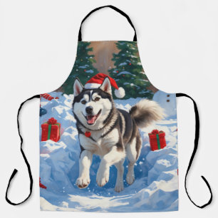 Sibirischer Husky läuft im Schnee mit Weihnachtsmü Schürze