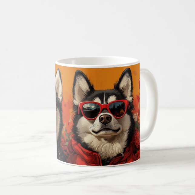 Sibirischer Husky mit Herz-Rose Valentinstag Kaffeetasse (VorderseiteRechts)