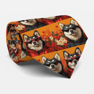 Sibirischer Husky mit Herzrosen zum Valentinstag  Krawatte
