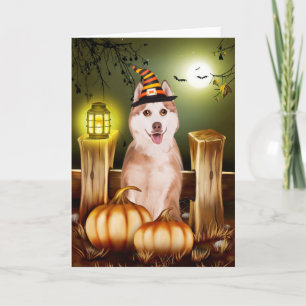 Sibirischer Husky mit Hexenhut Halloween Karte