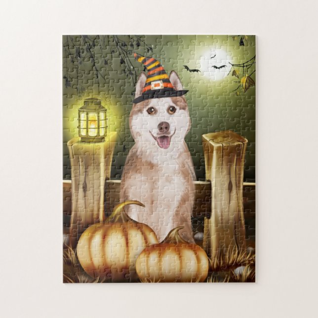 Sibirischer Husky mit Hexenhut Halloween Puzzle (Vertikal)