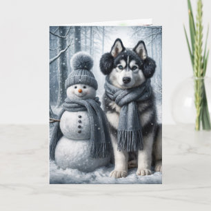 Sibirischer Husky mit Schneemann Karte