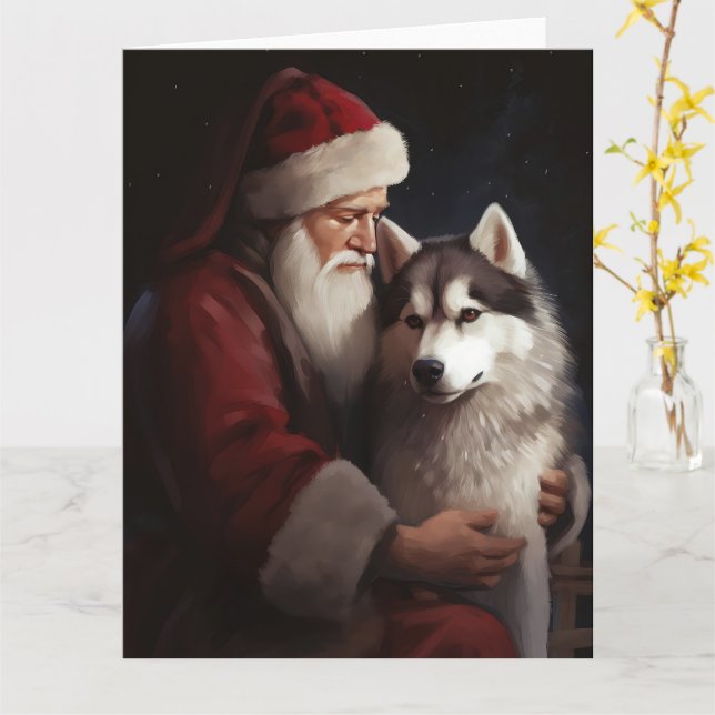 Sibirischer Husky mit Weihnachtsmann Weihnachten Karte (Gelbe Blume)