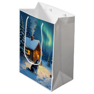 Sibirischer Husky Schneehütte Weihnachtsmalerei Mittlere Geschenktüte
