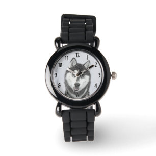 Sibirischer Husky (Schwarz und Weiß) Malerei Hunde Armbanduhr